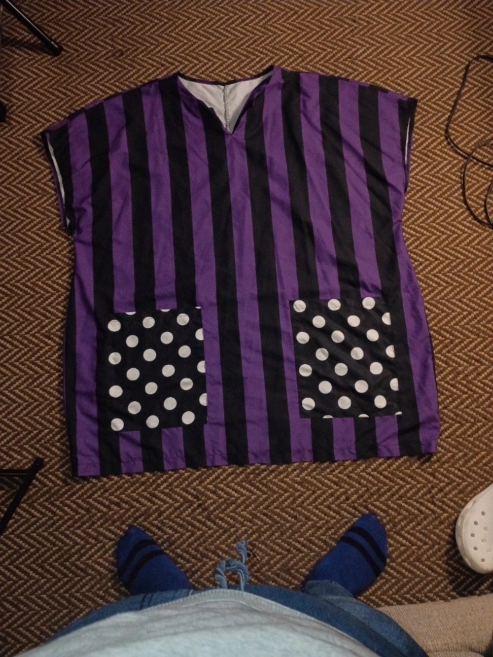 Purple & Black Striped with Polka Dot Pockets Women's Dress